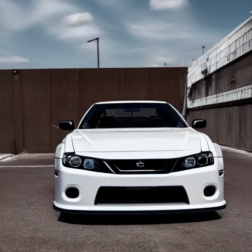 Prompt: white Nissan Silvia S15 made in 2020 modern Silvia S15 designed in 2020 parked on street wide angle photo 45mm mid distance