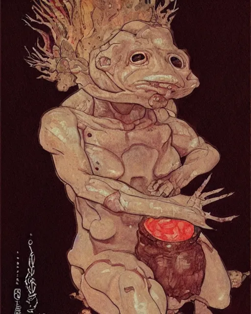 Image similar to portrait of an axolotl god by greg rutkowski in the style of egon schiele