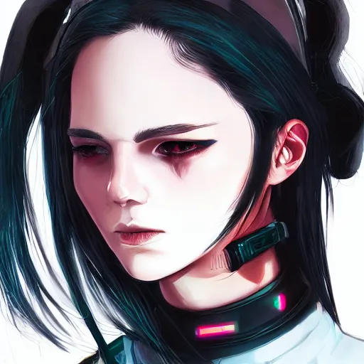 Image similar to headshot artwork of cyberpunk woman wearing thick black choker, collar on neck, realistic, artstation, neon,