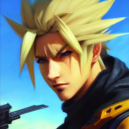 Image similar to Greg Manchess portrait painting o Cloud Strife as Overwatch character, medium shot, asymmetrical, profile picture, Organic Painting, sunny day, Matte Painting, bold shapes, hard edges, street art, trending on artstation, by Huang Guangjian and Gil Elvgren and Sachin Teng