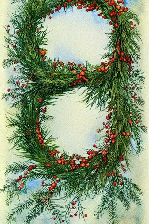 Image similar to realistic watercolor painting of a wreath of holly on a white background, detailed art by kay nielsen and walter crane, illustration style, watercolor