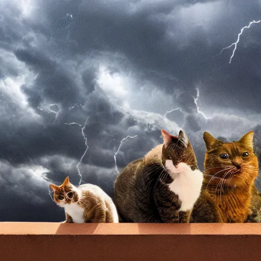 Prompt: daytime outdoor photograph of colorful cats with spiky hair in the middle of the storm, cloudy sky, thunder, lightning