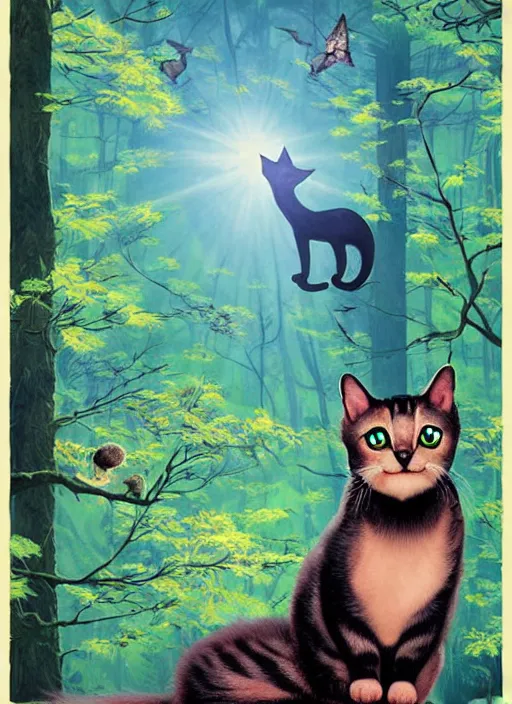 Image similar to a hyper realistic ink cat and the meaning of life and sunbeams blue sky, lush forest poster art by chiara bautista and kim jung giu and norman rockwell and greg rutkowski weta studio, and lucasfilm