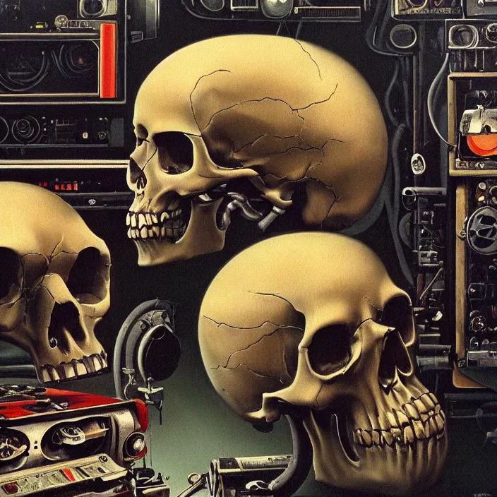 Image similar to pensive skull observing 8 0's era technology, vintage shapes, retro technology, vintage color, wayne barlow, oil on canvas, deep depth of field, masterpiece, cinematic composition, hyperdetailed