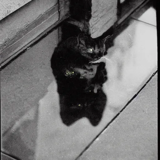 Prompt: wide-shot very low-angle eyesight first-person reflection of a cat in the puddle, polaroid photo, by Andy Warhol, signed