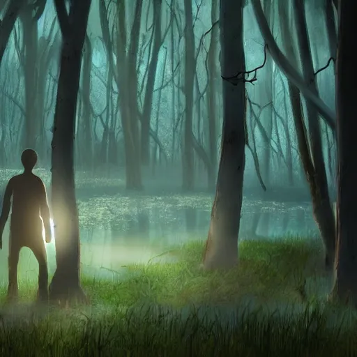 Prompt: a dirty lost person is following a small floating blue slightly glowing ball of light through the swampy forest, extremely detailed multiple unique different art styles.