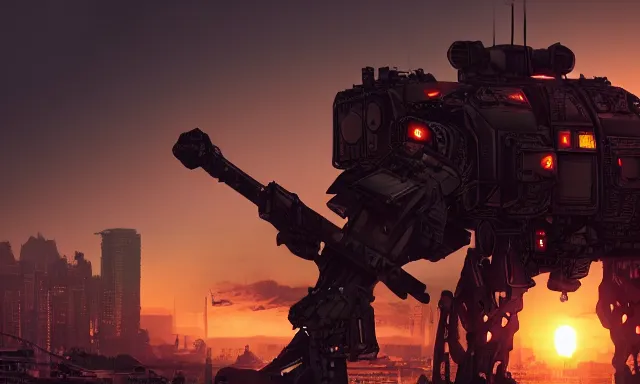 Prompt: Mech defending the city at sunset, photorealistic, hyperrealistic, digital illustrations, concept art, photoreal, cinematic lighting, 30mm film, highly detailed, intricate, award-winning, dark, gritty, beautiful colors, hdr, rendered in Octane, rendered in Unreal engine, 4k, ultra hd
