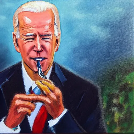 Image similar to oil painting of joe biden smoking a cigar, bright, impressionist colors