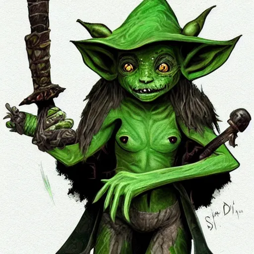 Image similar to cute tiny goblin girl with green skin wearing hunter armor from Bloodborne and a wizard hat, d&d, art by Shadbase