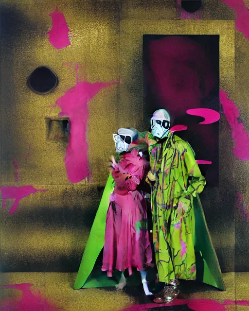 Prompt: two skinny old people wearing gas masks, draped in gold, green and fushia, inside a brutalist designed space ship , gothic, rich deep colours, painted by Francis bacon, Adrian ghenie, James jean and Petra cortright, part by Gerhard Richter, part by Takato Yamamoto. 8k masterpiece