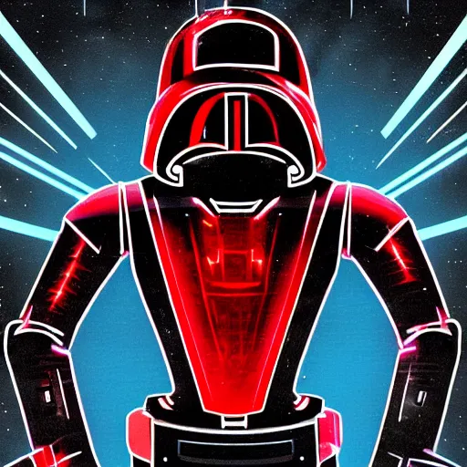 Prompt: Daft Punk inspired robot character, red lightsaber, space, star wars, retrowave, vaporwave, black cloak, concept art, arstation, award winning art by