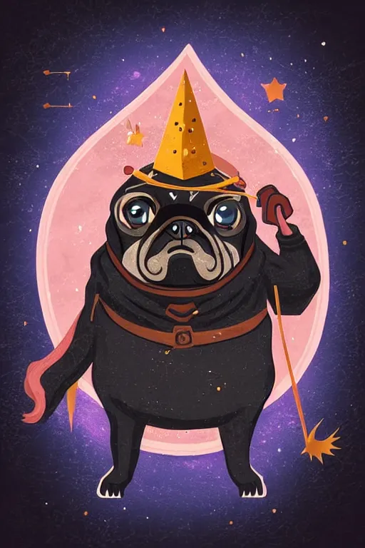 Image similar to Portrait of a pug that is a wizard casting a spell , wizard, medieval, sticker, colorful, casting epic spell, magic the gathering artwork, D&D, fantasy, artstation, heroic pose, illustration, highly detailed, simple, smooth and clean vector curves, no jagged lines, vector art, smooth