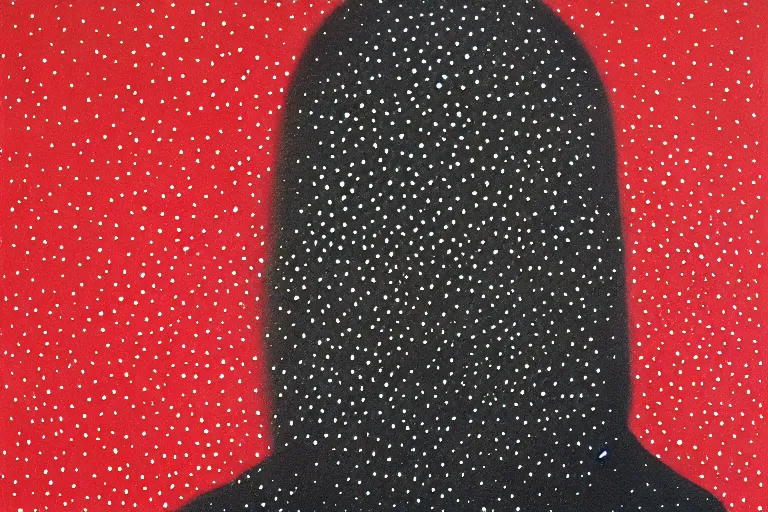 Image similar to face made out of mist, faceless people dark, dots, drip, stipple, pointillism, technical, abstract, minimal, style of francis bacon, asymmetry, pulled apart, cloak, hooded figure, made of dots, abstract, balaclava, red dots