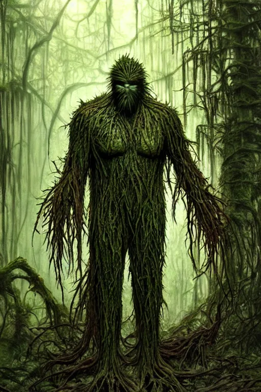 Image similar to realistic photo of the swamp thing, through the creepy forest, on the way lies a rotting corpse among the rocks. and he takes it in his hands. deep focus, intricate, elegant, highly detailed, digital painting, station art, concept art, matte, sharp focus, illustration, art by artgerm and greg rutkowski and alphonse mucha