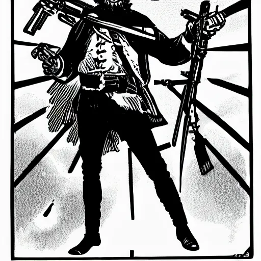 Image similar to a pirate holding a machine gun standing on top of a space ship