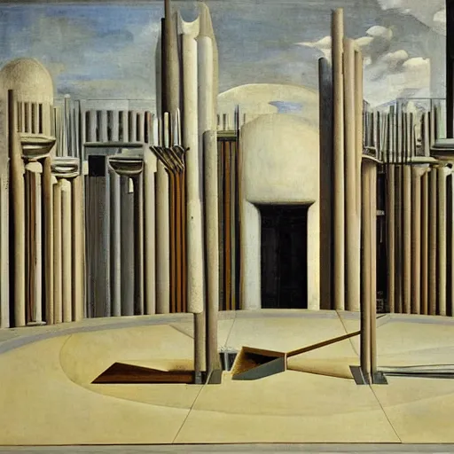 Image similar to a painting by giorgio de chirico and tadao ando of an abstract maximalist sculpture by the caretaker