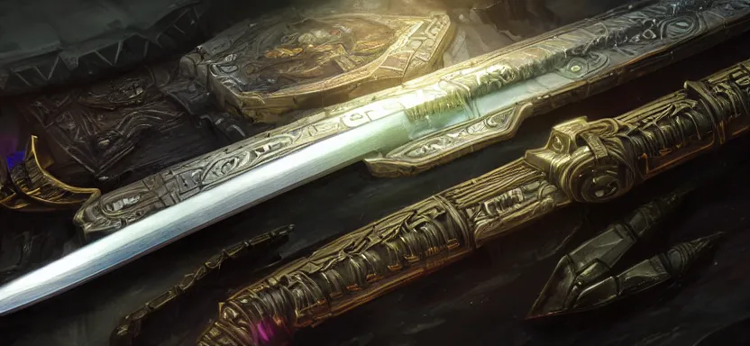 Image similar to legendary sword of cybernetic technology lying flat on a glowing table, digital award winning hd matte painting, intimate dark moody, intricate, long sharp black and iridescent blade, ornate spikes, colorful hilt, detailed realistic, raytraced blade, colored gems, golden pommel, in the style of greg rutkowski and krenz cushart, deviantart