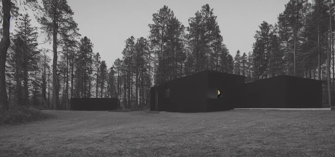 Prompt: modern house in the wood, giant black wolf near the house, moon rising, pinhole analogue photo quality, blur, unfocus, cinematic, 35mm