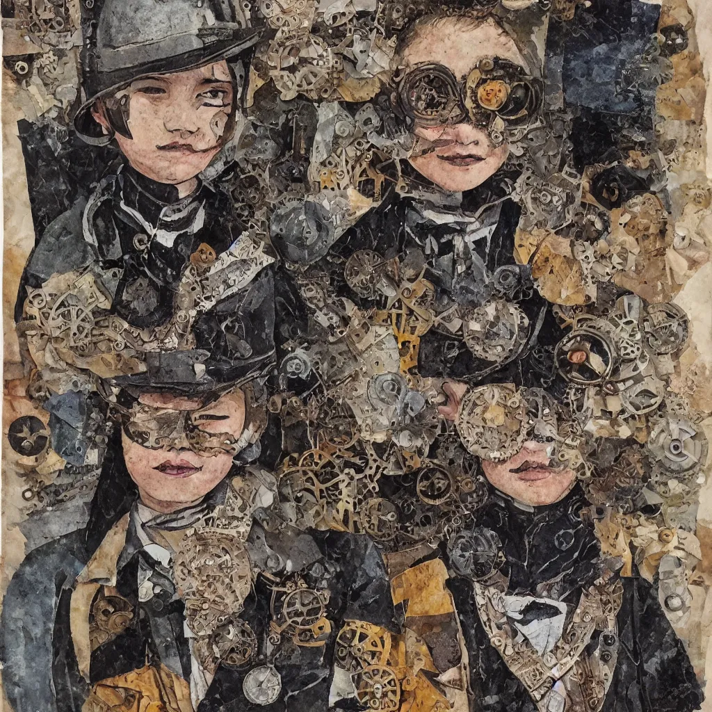 Prompt: steampunk boy with a super detailed and intricate mask, collage in the style of matisse