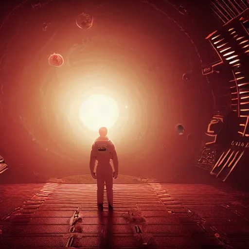 Prompt: ultra realistic, astronaut standing inside of an eerie space cathedral surrounded by cultists, there’s a large obsidian vortex floating above, black and red background, occult, photo realistic, dark atmosphere