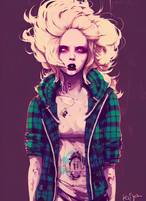 Image similar to highly detailed portrait of a sewer punk lady, tartan hoody, blonde ringlet hair by atey ghailan, by greg rutkowski, by greg tocchini, by james gilleard, by joe fenton, by kaethe butcher, gradient magenta, black, blonde cream and white color scheme, grunge aesthetic!!! ( ( graffiti tag wall background ) )