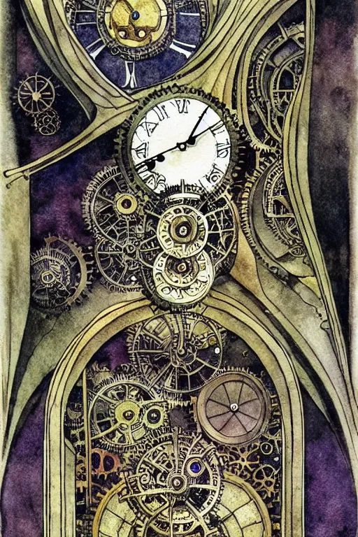 Prompt: steampunk gears, and eternal clock, inside an open book, dark and gothic, full frame, art by kay nielsen and walter crane, illustration style, watercolor