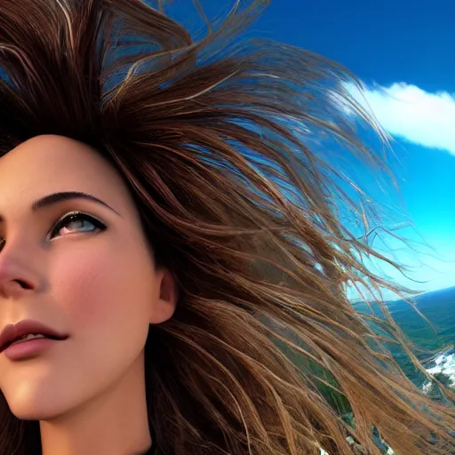 Prompt: Selfie!!!!! of a woman with gorgeous hair flowing in the wind, on a cliff!!!!!, first-person view, fisheye!!!!! lens!!!!!, photorealistic image, trending on artstation, 4k, 8k