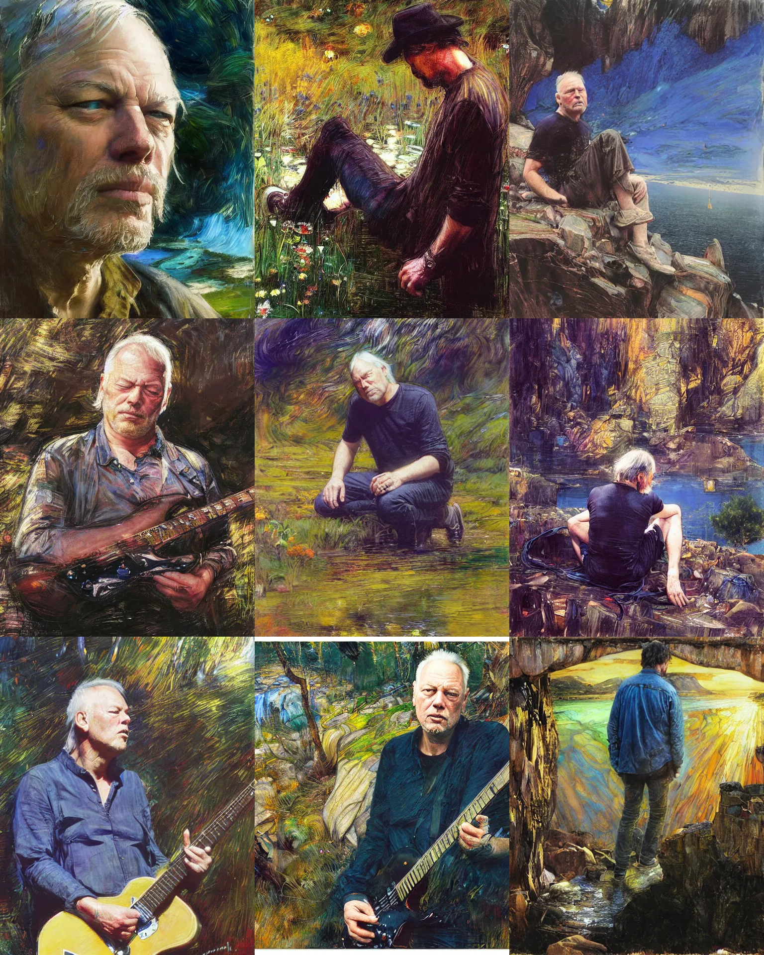 Prompt: david gilmour looking down, psychedelic plein air portrait painting by richard schmid, john william waterhouse, thomas moran, studio ghibli, donato giancola,