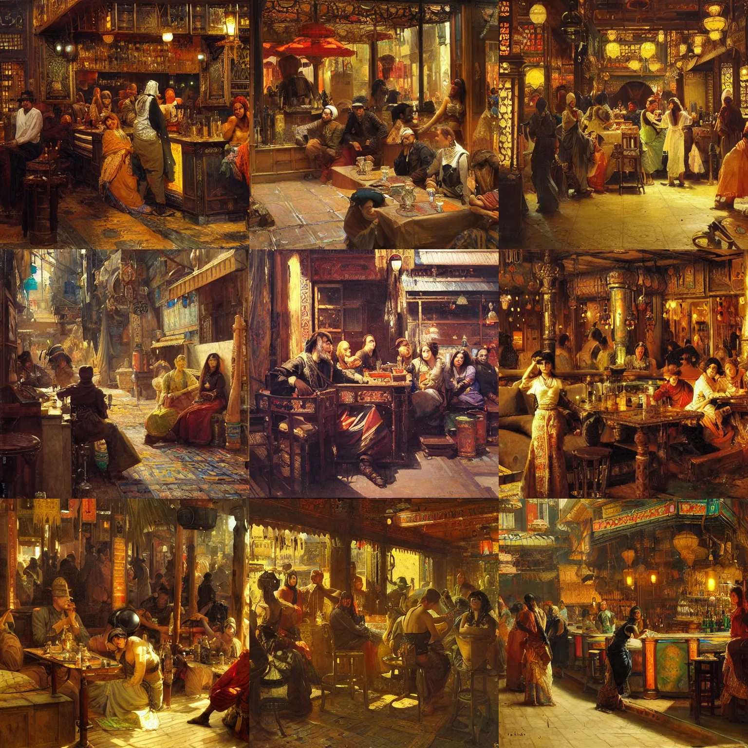 Prompt: orientalism painting of a cyberpunk bar by theodore ralli and nasreddine dinet and anders zorn and nikolay makovsky and edwin longsden long, oil on canvas, masterful intricate artwork, excellent lighting, high detail 8 k