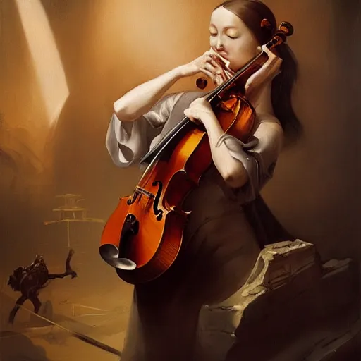 Prompt: bold simple baroque oil painting of violin interior, by peter mohrbacher, by frank frazetta, by alan lee, john howe, da vinci, large depth of field, super detailed, digital art, trending on artstation, ornate