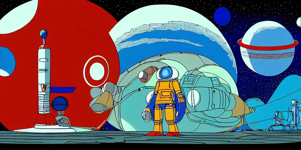 Image similar to traditional drawn colorful animation a symmetrical portrait of lonely single Takeshi Kitano alone pilot in posing comet tail in robot platform deck wheelhouse spaceship station planet captain bridge outer worlds robots extraterrestrial hyper contrast well drawn Metal Hurlant Pilote and Pif in Jean Henri Gaston Giraud animation film The Masters of Time FANTASTIC PLANET La planète sauvage animation by René Laloux