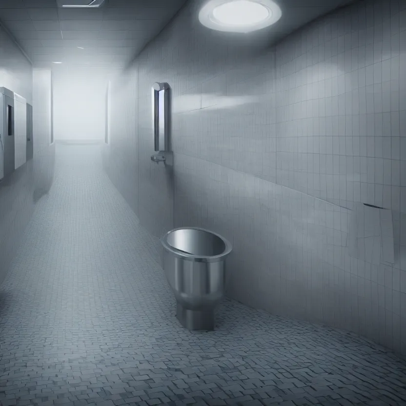 Image similar to an infinite public restroom with endless stalls and endless sinks fading into the distance, cinematic lighting, volumetric lighting, award winning photography, highly detailed, intricate, sharp focus, 4 k wallpaper, unreal engine, 9 0 mm, f / 1. 4