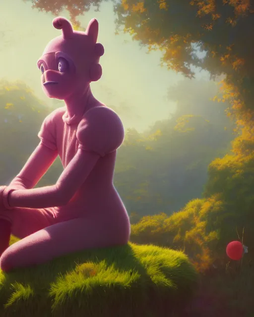 Image similar to highly detailed vfx portrait of teletubby, stephen bliss, unreal engine, greg rutkowski, loish, rhads, beeple, makoto shinkai and lois van baarle, ilya kuvshinov, rossdraws, tom bagshaw, alphonse mucha, global illumination, detailed and intricate environment