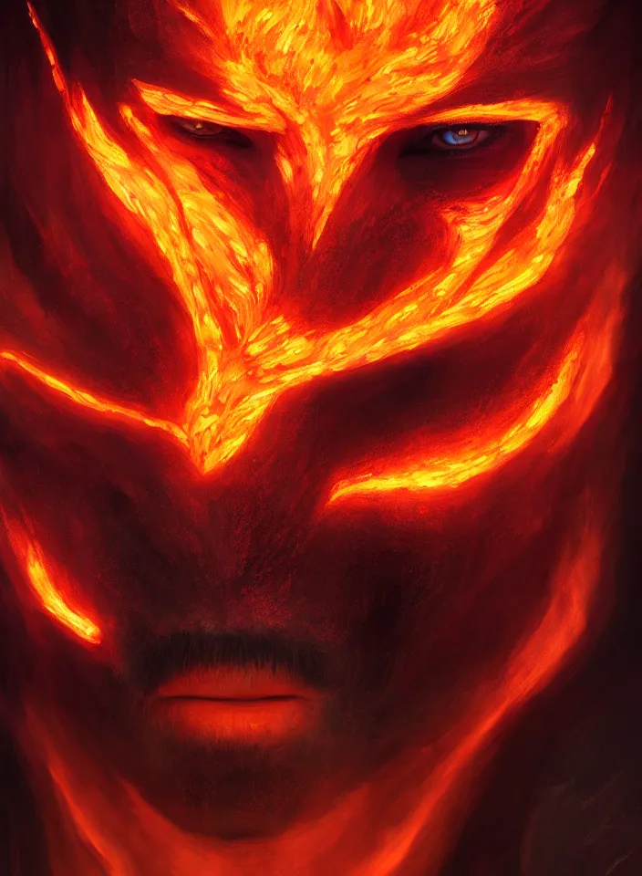 Prompt: a face portrait of a fire elemental from skyrim, fantasy setting, explosive fiery face, dim colors, soft lighting, atmospheric, cinematic, moody, in the style of diego koi, gina heyer, luiz escanuela, art by alyssa monk, hyperrealism, rule of thirds, golden ratio, oil on canvas, 8 k