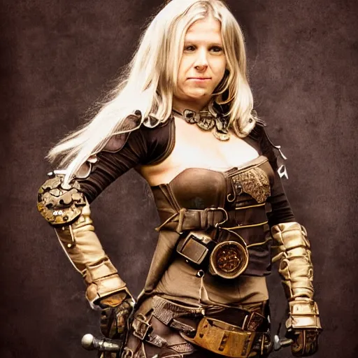 Prompt: long shot photo of a female steampunk warrior