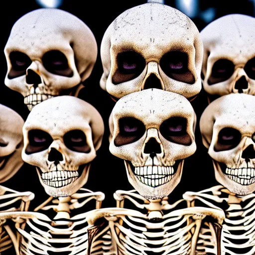 Prompt: skeletons waiting in line, rtx on, perfect face, directed gaze, canon, vfx, symmetric balance, polarizing filter, photolab, lightroom, 4 k, dolby vision, photography award
