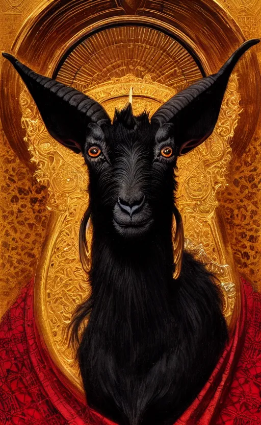 Prompt: a detailed portrait of a black goat on a golden throne, in a red river, concept art, deep focus, intricate, highly detailed, digital painting, artstation, matte, sharp focus, illustration, art by greg rutkowski and alphonse mucha