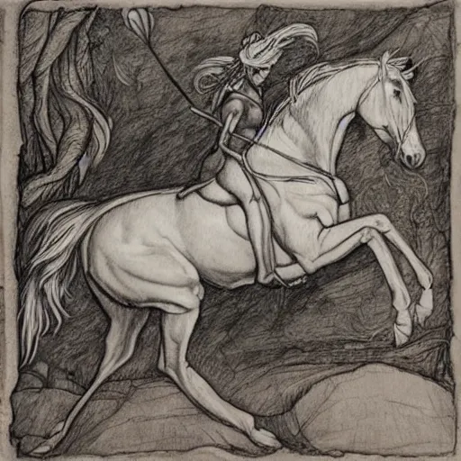 Image similar to “8k ink drawing of Diana huntress, Horses in run, intricate in style of Michelangelo and Albrecht Durer, beautiful woodland, hand made paper”