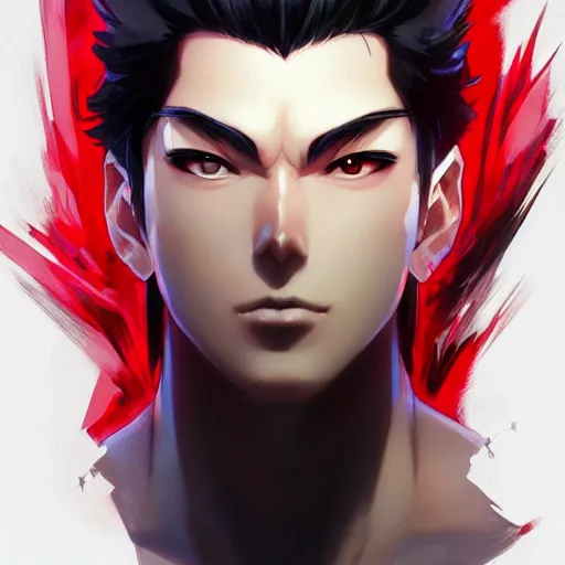 Image similar to anime portrait of a slick black hair guy with red eyes by stanley artgerm lau, wlop, rossdraws, james jean, andrei riabovitchev, marc simonetti, and sakimichan, trending on artstation