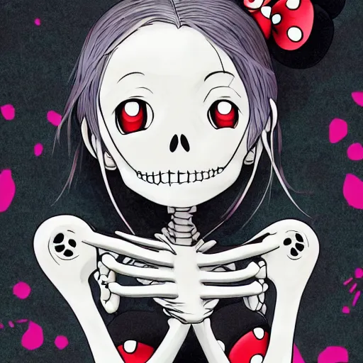 Prompt: manga fine details portrait of joyful skull girl skeleton, minnie mouse, bokeh. anime masterpiece by Studio Ghibli. 8k render, sharp high quality anime illustration in style of Ghibli, artstation