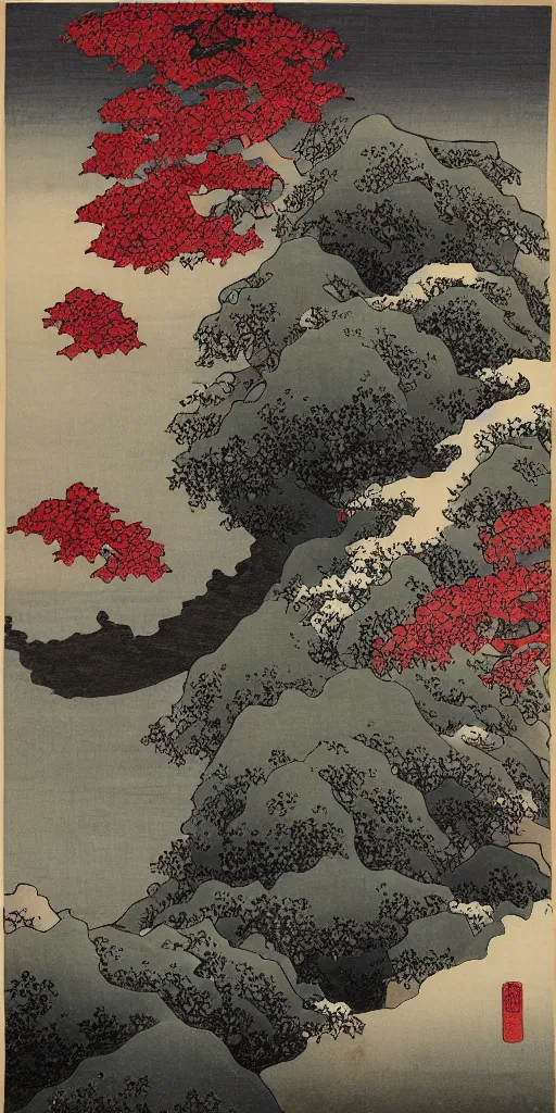 Image similar to hokusai, steps leading up to a temple, japanese style, black ink, a beautiful oil painting of a rocky valley covered in snow trees with red leaves thunderstorm in the sky blue lighting gloomy atmospheric light