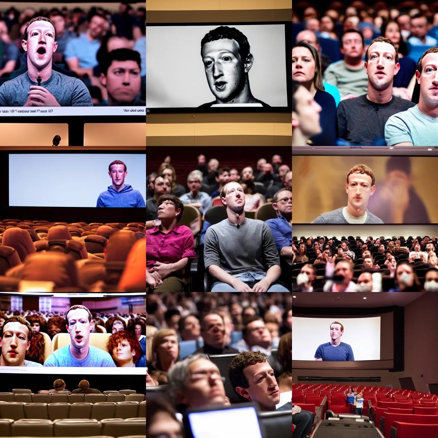 Prompt: people in a theater watching a close up image of mark zuckerberg, dim lights, scary mood