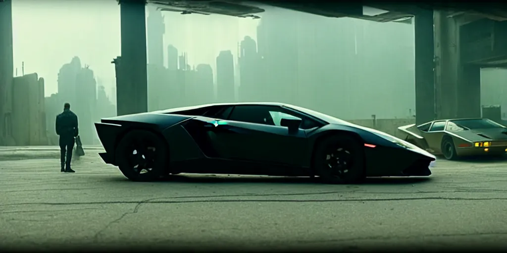 Image similar to A cinematic film still of a Lamborghini in the movie Blade Runner: 2049.