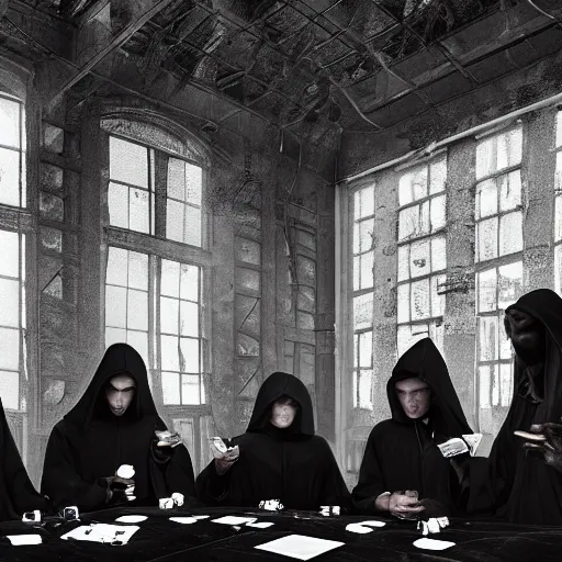 Prompt: A group of people covered in black and white robes with hoods playing poker at a poker table in the middle of an abandoned building, big room, with vines and plants growing out of cracks, broken walls and ceiling with natural light shining through, the light shows dust in the air, digital art, award winning art, 8k