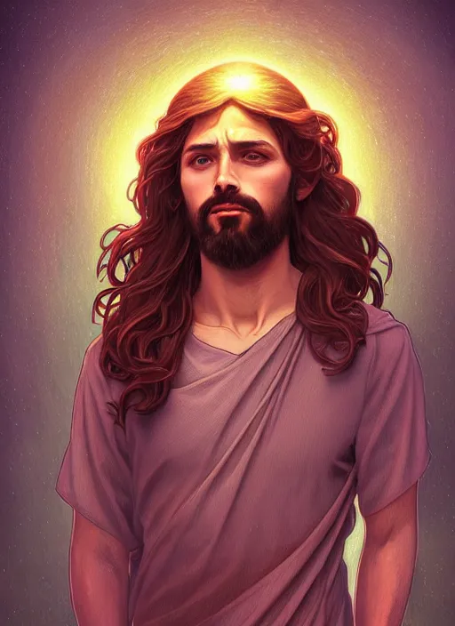 Image similar to handsome jesus, half body shot, path traced, highly detailed, high quality, digital painting, alena aenami, lilia alvarado, shinji aramaki, karol bak, alphonse mucha, tom bagshaw