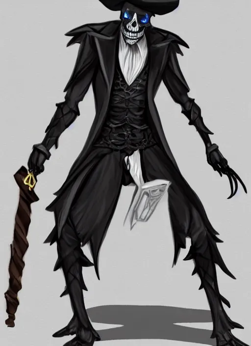 Image similar to DND character art, skeletal male figure, wearing a deep black suit!!! and tie and top hat, holding a gold! cane!, blue flames!!