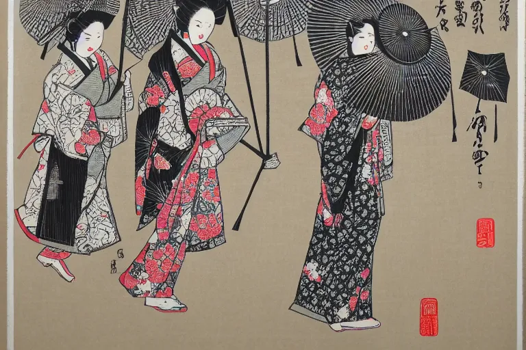 Image similar to geishas walking with umbrellas patterned dresses highly detailed fine wood block print