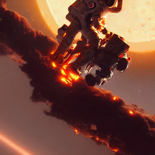 Image similar to 2 0 3 0 astronaut burning up while dropping through the majestic clouds of jupiter, by cedric peyravernay, highly detailed, excellent composition, cinematic concept art, dramatic lighting, trending on artstation