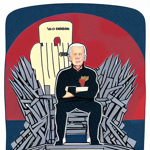 Prompt: joe biden sitting on top of a giant iron throne, a poster by matt bors, trending on reddit, sots art, official art, glorious, epic