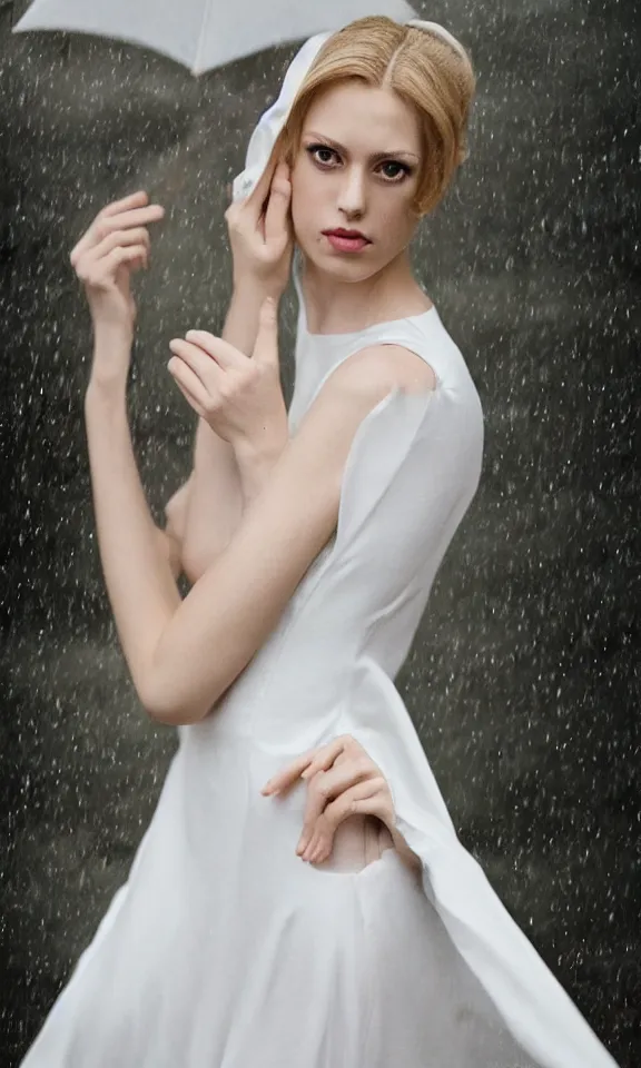 Image similar to photo of gorgeous seductive tall emily skinner cosplaying annie leonhart wearing elegant white dress, wearing open toe heels, in a white room, beautiful face, pale skin, rule of thirds, cinematic lighting, rainy weather, melancholy atmosphere, sharp focus, backlit, stunning, smooth, hard focus, full body shot, studio photo, shot on sony a 7 iii, hyper realistic,